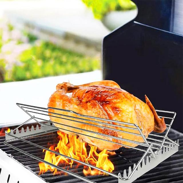 TEMU Stainless Steel Roasting Rack, Multi-functional Grill Chicken Stand, , Foldable, Durable For Outdoor Camping And Home Barbecue, Suitable For Oven And Grill Use