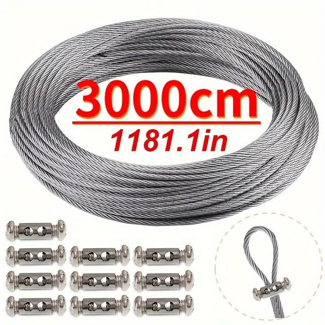 TEMU 1181in Steel Wire Rope And 10 Adjustable Stainless Steel Rope Clamps And End Threaded Pins - Suitable For 1-2mm Cables, Hanging Lights And Decorations, Holiday Decorations, Outdoor Camping Locks