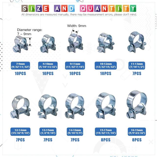 TEMU 84pcs Mini Hose Clamps - Adjustable 7-18mm Fuel Line Clamps, Hoses Clamps Sleeving, For Automotive & Petrol Automotive Hose Clamp Kit | Adjustable Hose Clamp | Durable Fuel Line Clamps, Hose Clam