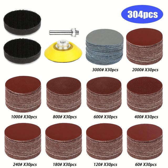 TEMU 304pcs Diameter 5.08cm Grinding Wheel Set With Backing Pad And Handle, Oxide Sandpaper For Grinding Machine, Self-adhesive Sandpaper Sheets With 60-3000 Grit, Suitable For Metal And Fabric