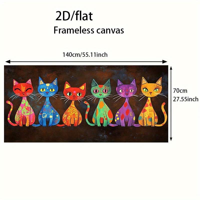 TEMU 1pc Frameless Modern Colorful Cats Canvas Poster Wall Art - 27.55x55.11 Inch Vibrant Abstract Cat Painting With Hook Installation For Bedroom & Living Room Decor, Accent