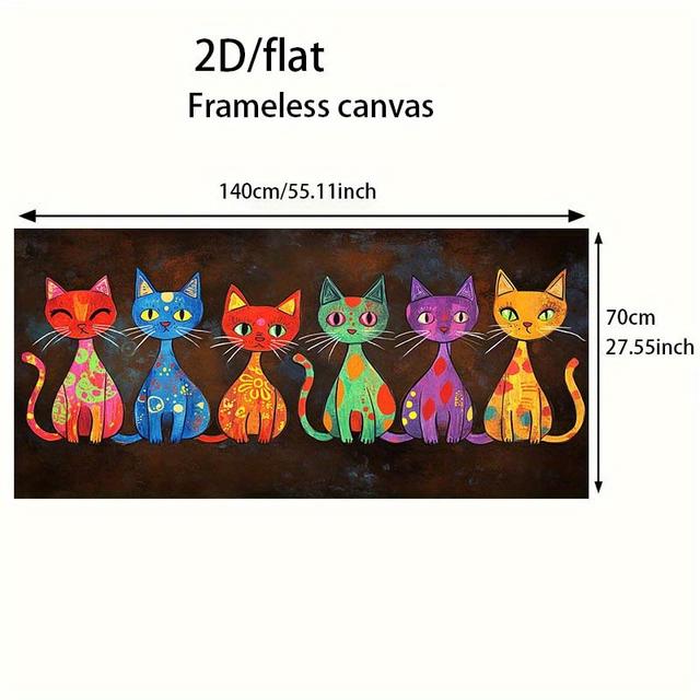 TEMU 1pc Frameless Modern Colorful Cats Canvas Poster Wall Art - 27.55x55.11 Inch Vibrant Abstract Cat Painting With Hook Installation For Bedroom & Living Room Decor, Accent