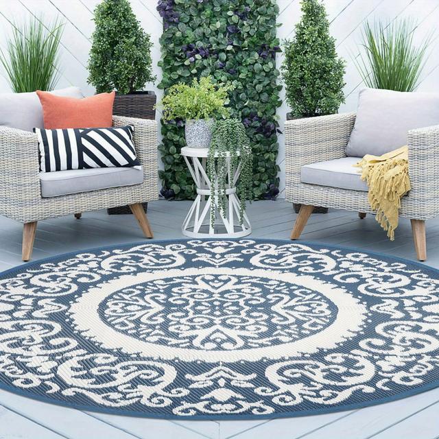 TEMU Reversible 5ft Round Outdoor Mat - Lightweight Pp Plastic Straw Mat, Non-fading Durable Resistant For Patio, Camping, Beach, Deck, Backyard, Rv & Indoor Use - Portable Easy , Patio Mat Outdoor