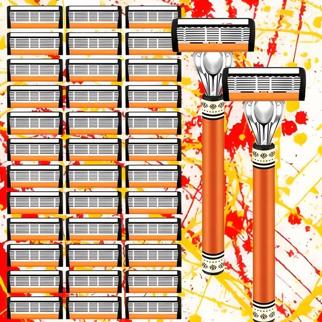 TEMU 2-handled Set, Including 36 Replacement , 6-layer Stainless Steel Men's Shaver, Anti-scratch Hair Removal Tool Kit [without Gift Box]