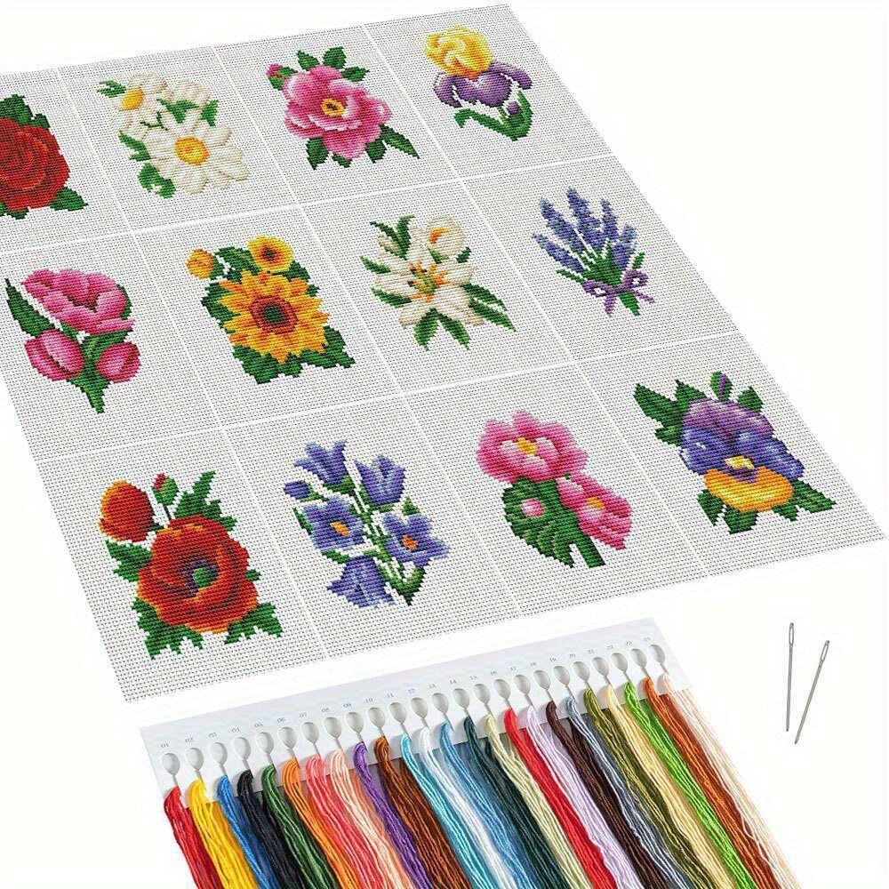 TEMU 12pcs Mini Stitch Printed Canvas Embroidery Kits Sunflower Lily Small Sized Canvas New Arrival Craft Set For Desktop