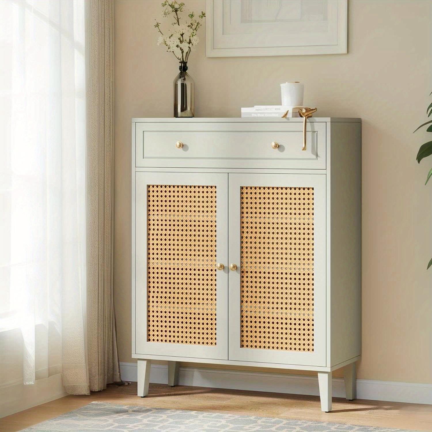 TEMU Modern Mint & Wood Suitable For Living Room, Bedroom - Adjustable Shelves & Drawer, Freestanding Floor Cabinet With Rattan Panels, Mdf/metal Frame, Contemporary Modern