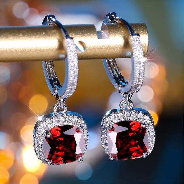 TEMU Elegant Square Red Synthetic Zirconia White-k Plated Women' Earrings - Jewelry For Weddings, Parties, And Daily Wear - Long-lasting, Shimmering Additions