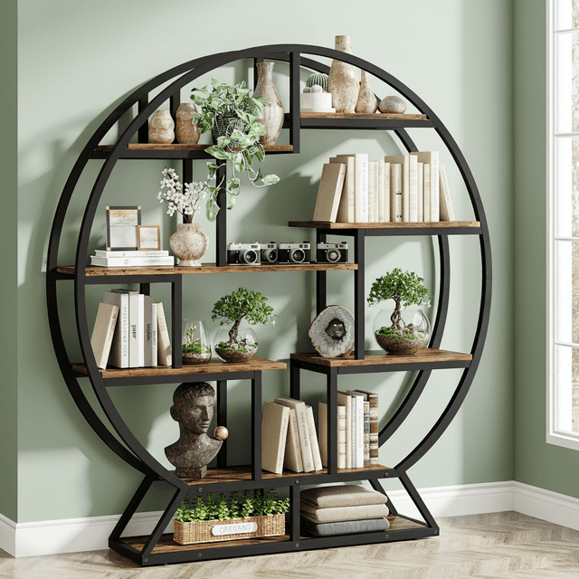 TEMU A 63-inch Contemporary Wooden Round Bookshelf Featuring Staggered Shelves, Designed As A Rustic Open Shelving Unit For Organizing And Displaying Items In For Home Offices Or On Decks