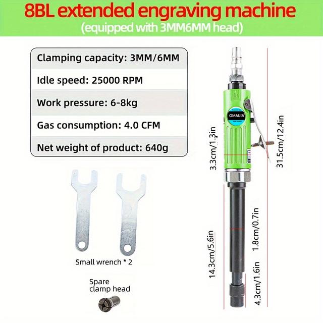TEMU Omaijia Pneumatic Die Grinder With Collet - Extended Engraving Machine For Metal, Stone, Glass Polishing | Durable Metal Construction, Professional Engraving Tool