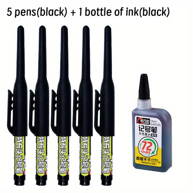 TEMU 45mm Long Pointed Deep Hole Marking Pen Equipped With Replaceable Ink Ceramic Tile Woodworking Pen, Black/blue/red Ink Carpenter Pencil