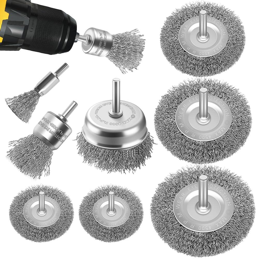 TEMU 7pcs Heavy-duty Wire Brush Set Compatible For - 1/4" Shank Drill Attachment, Rust Removal & Deburring Tools With Brushes For Metal, Wood, Concrete, Masonry - Drill- Cleaning Kit For Diy &