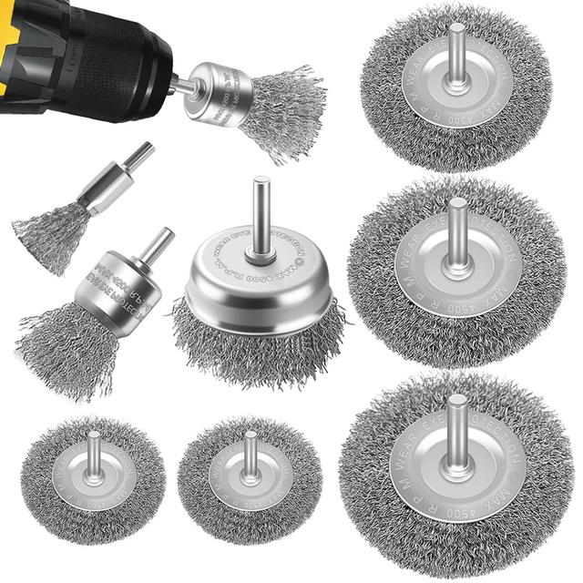 TEMU 7pcs Heavy-duty Wire Brush Set Compatible For - 1/4" Shank Drill Attachment, Rust Removal & Deburring Tools With Brushes For Metal, Wood, Concrete, Masonry - Drill- Cleaning Kit For Diy &