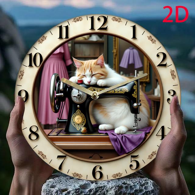TEMU 1pc Whimsycat Acrylic Silent Wall Clock, 8-inch Round Quartz Movement, Battery Operated (aa Not Included), Decorative Cat & Sewing For Home & Gift