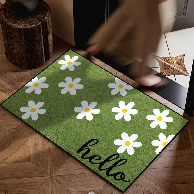 TEMU Floral Welcome Doormat - Non-slip, Machine Washable, Quick-dry, Polyester Knit Mat With Polypropylene Backing For Kitchen, Dining, Hallway, Bathroom, Bedroom - Low Pile, Rectangle Home Decor