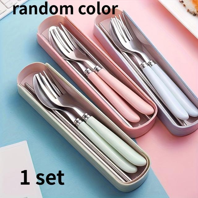 TEMU Western- Stainless Steel Cutlery Three-piece Set: Spoon, Fork, And Chopsticks - Ideal For Camping, Outdoor Dining, , And Student Portable Cutlery Sets