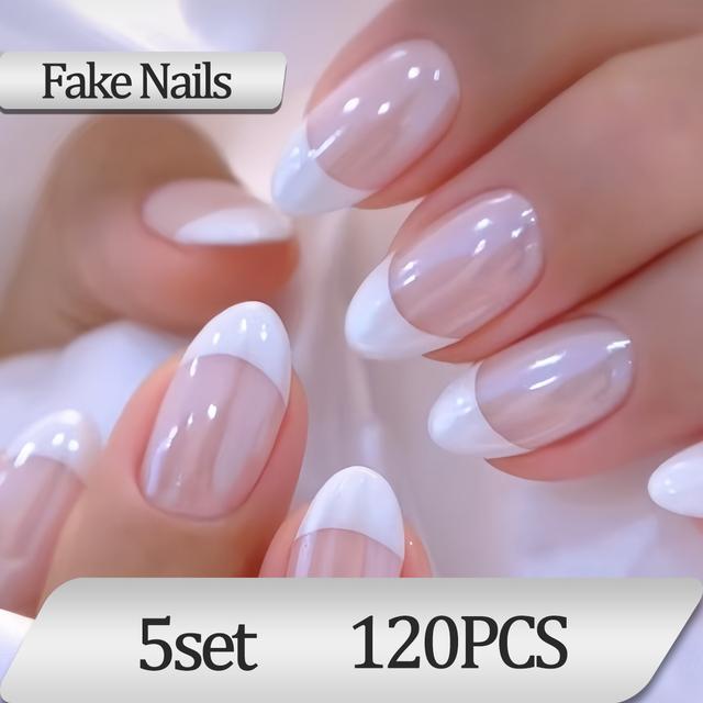 TEMU 120pcs Elegant French Tip Press-on Nails In - Spring/summer, Everyday Wear, Removable Nail Set With Jelly Glue & Nail File, Nail Art | French Tip Design | Glossy Finish