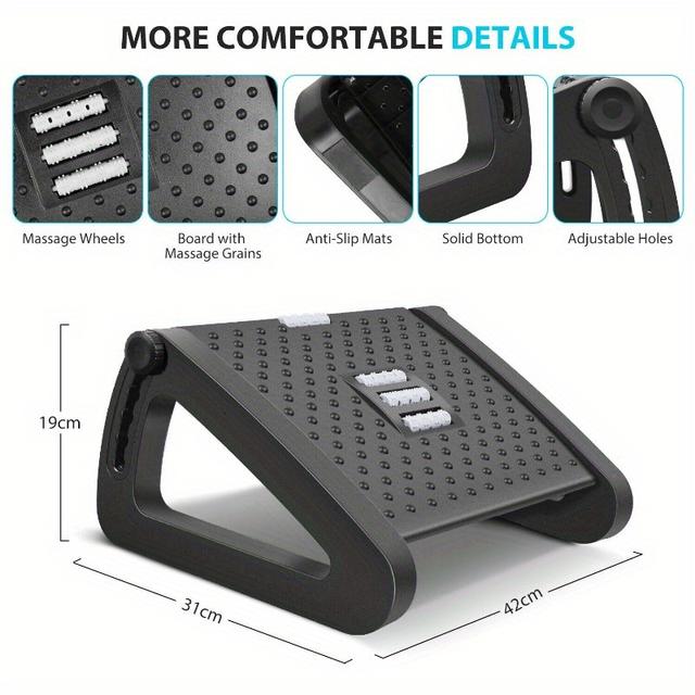 TEMU 1set Desk Footrest Adjustable Angle 10°- 45° With Textured Surface Massage Rollers