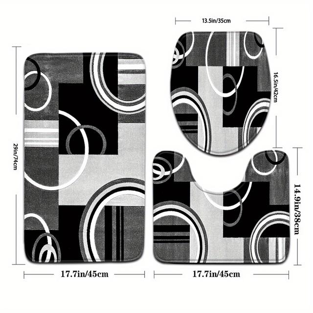 TEMU [open ] 3pcs European Black And White Coil Pattern Bathroom Mat Set Toilet Lid Seat Ring U-shaped Foot Pad