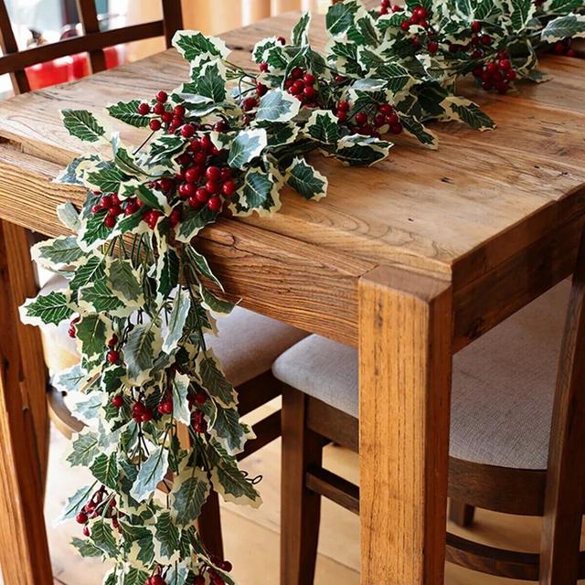 TEMU 2m Festive Holly Leaves & Red Berries Christmas Garland - Artificial Greenery For Holiday Decor Wreaths