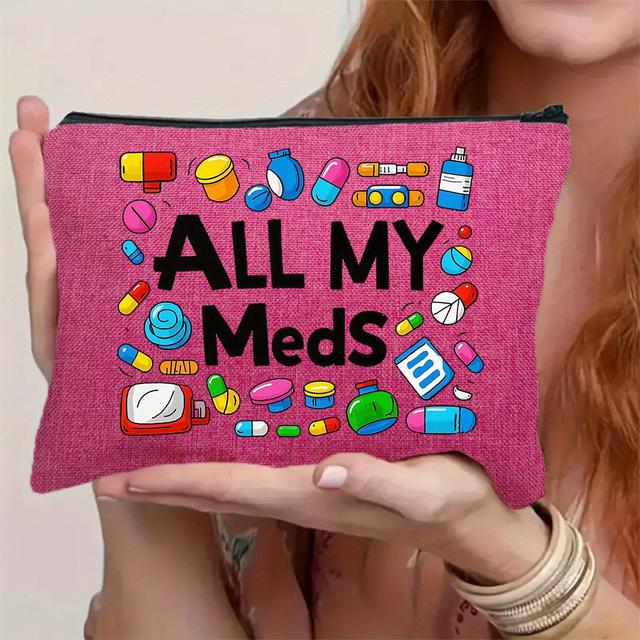 TEMU Meds Themed Illustration Storage Bag With Fun Text Design, Large Capacity Travel-friendly Makeup Bag, A Practical And Humorous Gift For