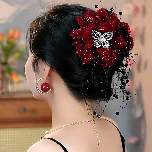 TEMU Nueva pinza para el cabello con flor de gasa de malla, diamantes de y , pinza de tiburón para mujeres, ideal para fiestas de baile latino en de San Valentín