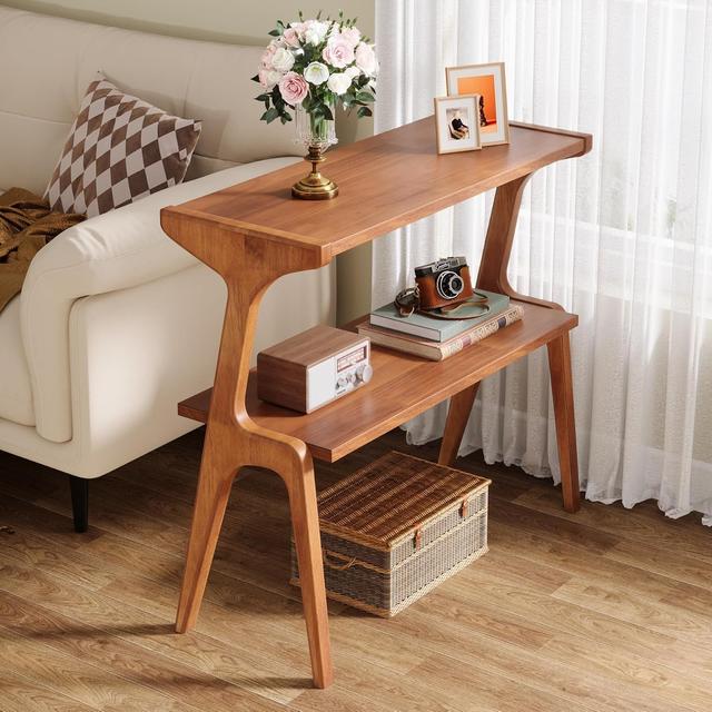TEMU Solid Wood End Table, Modern Narrow Side Table With Storage Shelves, 2-tie Skinny Sofa Side Table For Living Room, Farmhouse Tall Bedside Table, Nightstand For Bedroom, Cherry