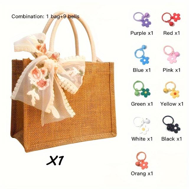 TEMU Elegant Tote Bags With Floral Lace Ribbon Bow - Durable Hemp Material, Rope Handles, Weddings, Engagements, Anniversaries, Bridal Showers & Gifts, Wedding Decorations