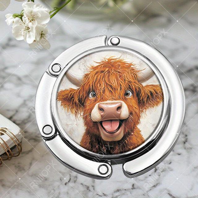 TEMU 1pc Creative Portable Metal Round Folding Hook Featuring Highland Cow For Purse Hanger, Handbag Hook, Or Table Support For Home Decor, Thanksgiving Gifts