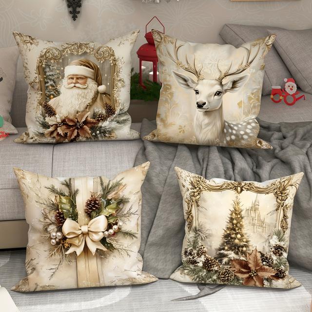 TEMU 4pcs Santa Claus Bow Pillowcase Set, Vintage Golden And White Comfortable Soft Decorative Pillow Covers, Single-sided Print, Winter Christmas Living Room Bedroom Sofa Bed Decor, No Insert