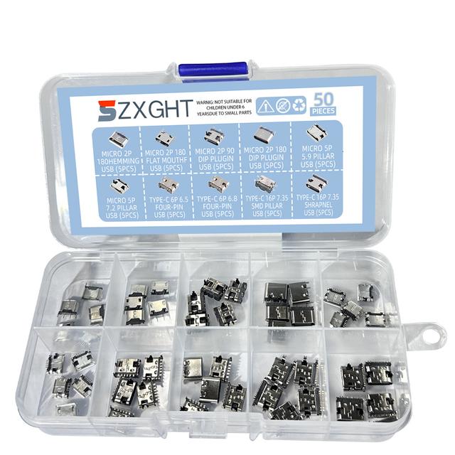 TEMU 10 Kinds Of Value Types Micro Type-c Charging Female Socket 2pin 5pin 6pin 16pin Plug-in Fast Charging Usb Female Connector Easy Charging Interface 50 - 150 Connector Kits