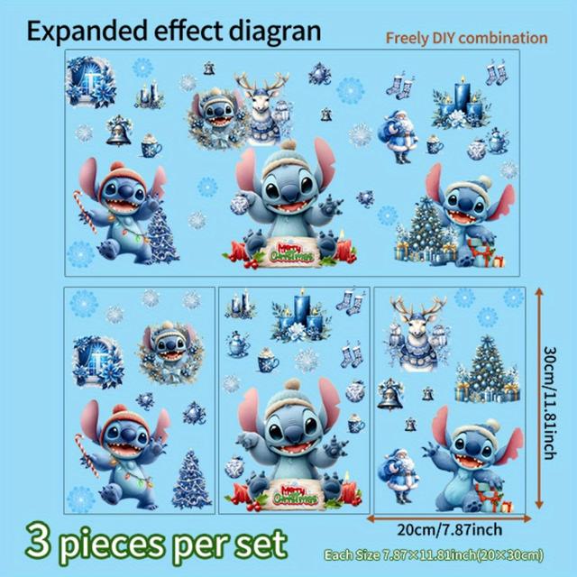 TEMU Stitch Christmas Stickers, House Decoration, Artwork, Suitable For Indoor, Window, Porch, Mirror Decoration, Background Wall Decoration, Home Decor, 3pcs