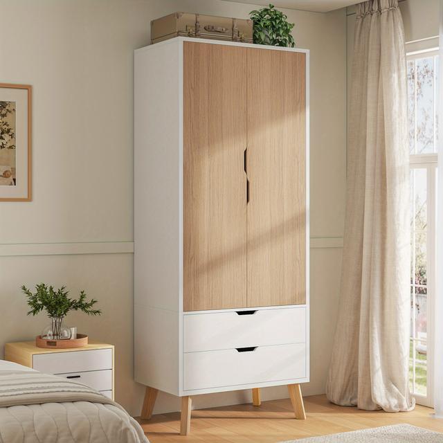 TEMU Armario LUXOAK de 2 Cajones en y Extremos de Madera - 198 Cm de X 50 Cm de Ancho, Armario Moderno con Barra para Colgar y de Almacenamiento, Ideal para Zona de Descanso y Más