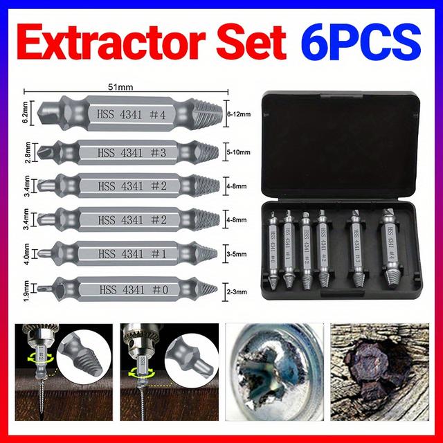 TEMU 6pcs Easy Out Screw Extractor Set - Quick & Damage-free Drill Bit Removal, Silvery Metal, Broken, Out