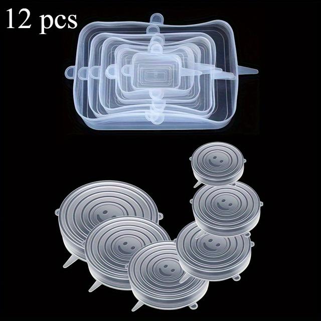 TEMU 12pcs Reusable Silicone Stretch Lids, Durable And Flexible Bowl Covers For Square & Round Containers, Dishwasher & Fridge Safe, Suitable For Fruits, Cans, Food Storage, Kitchen Essentials