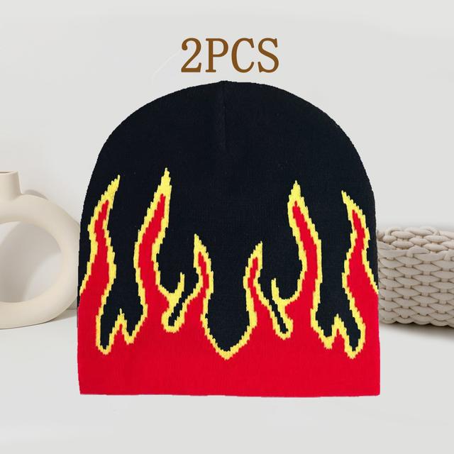 TEMU 2pcs Pack Y2k Knit Hats - Retro Flame Unisex Beanie Suitable For , Warm Winter Hats For Streetwear, Hip-hop, For Autumn Winter Outdoor, Flame Casual Beanies