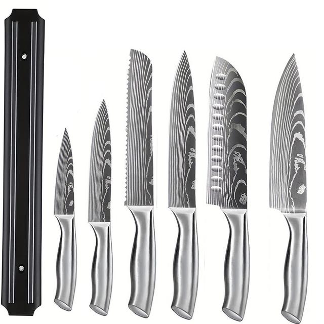 TEMU 7pcs Knife Set For Kitchen, Steel Chef Knife Set With Magnetic Strip For Cutting, Chef Knife, Knife, Paring Knife, Slicing Knife, Bread Knife, Utility Knife