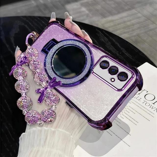 TEMU Phone Case: Case For A17 Magnetic Folding Makeup Mirror Stand Holder Shock-resistant Gradient Glitter Shockproof Protection Soft Back Cover With Wrist Strap Bracelet Chain Lanyard