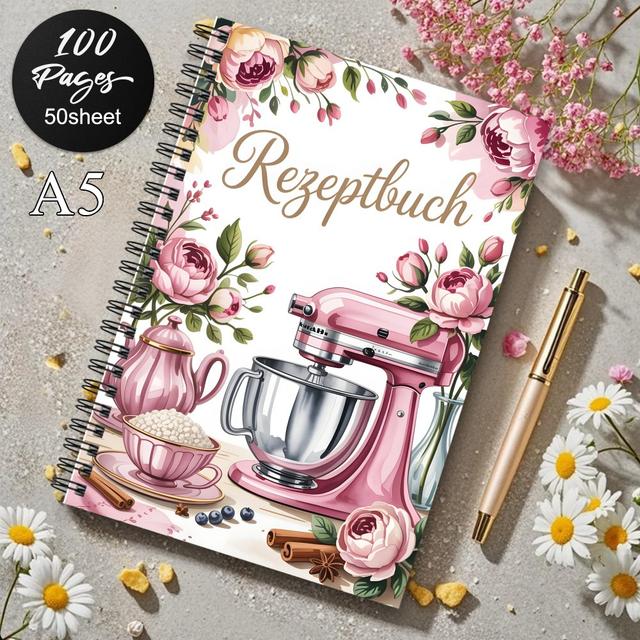 TEMU 1pc Vintage German Recipe Book With Stand Mixer Tea Set Themed Cover - Pink Baking Cookbook, Horizontal Line Ruled Pages For Recipes, Ized For Home Cooks & Bakers, German Journal (for)
