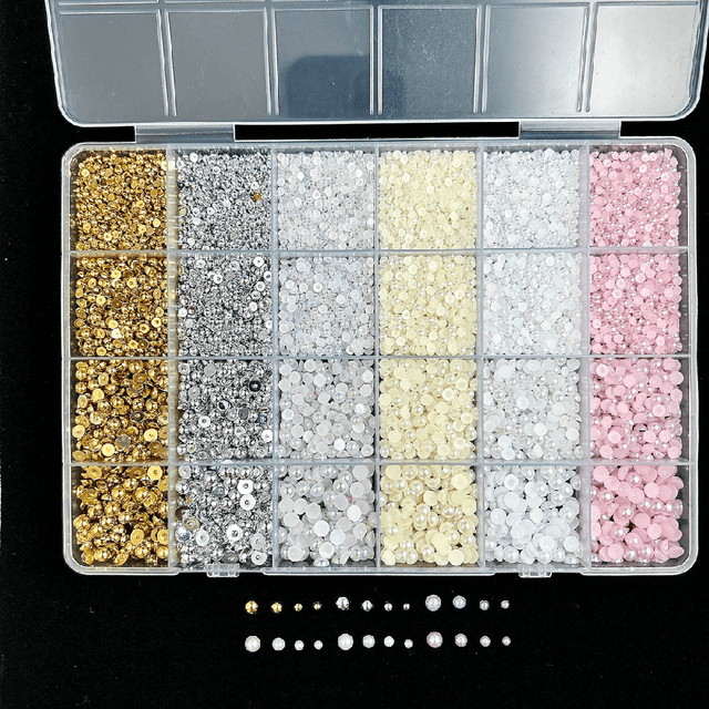 TEMU Nová Sada 24 Mřížkových Plochých Dna Polokruhových Perlových Ozdob na Nehty Make-up, Materiál pro Dekorace Nehtů v Krabičce
