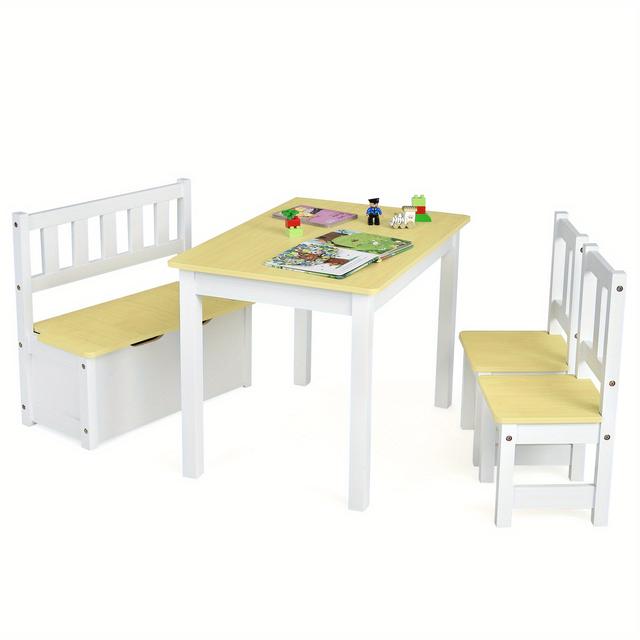 TEMU Safstar 4pcs Kids Wooden Activity Table & Chairs Set W/storage Bench Study Desk