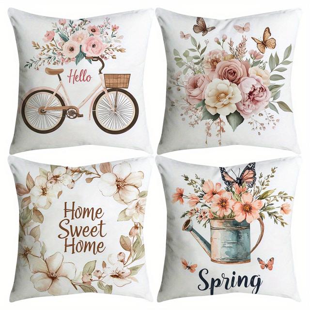 TEMU Set Of 4 Decorative Pillow Covers For Spring And Summer, Featuring Floral And Designs, Measuring 18x18 Inches, Perfect For Enhancing Your Sofa Or Couch With A Bicycle Theme And Letter Decorations