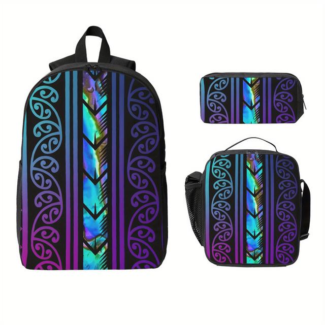 TEMU 3pcs Purple Maori With Inlayed Paua Shell New Zealand Schoolbag Non-food Contact Pen Bag Teenager Solid Hiking Back To School Gift Zipper Closure Backpack Pencil Case Back To , For Teenager