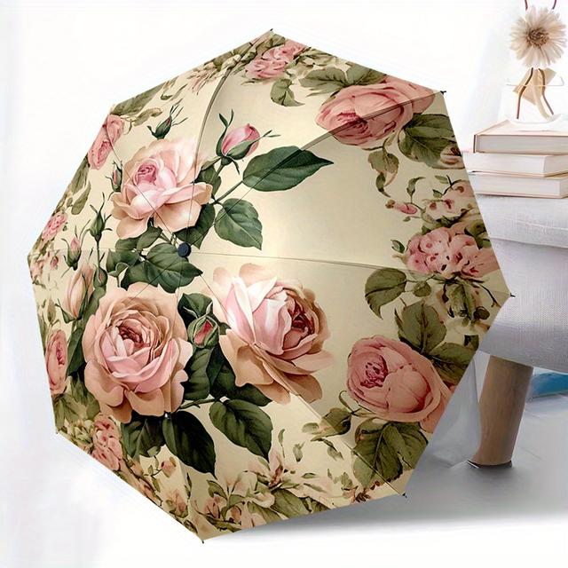 TEMU 1pc A Vintage-style Pink Floral Automatic Umbrella Featuring An 8-rib Design, Ideal For Outdoor Activities And Daily Use. A Great Present For