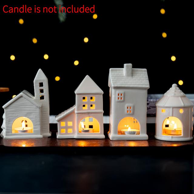 TEMU Set Of 4 Ceramic Candle Holders Shaped Like Houses For Christmas, Featuring A , Perfect For Winter Decor And As Gifts (candles Not Included)