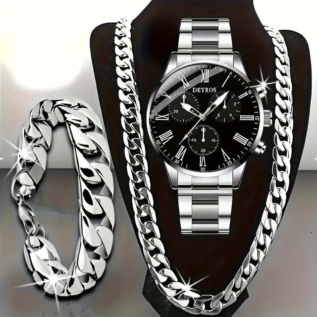 TEMU 3pcs Men's Watch And Necklace Bracelet Set - Quartz Movement, Business Watches, Casual Watch For Men Gifts