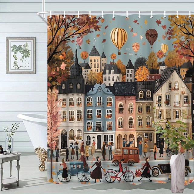 TEMU 1pc Autumn Landscape Shower Curtain, Street Painting Style With Hot Air Balloons And Falling Leaves, Bathroom Decor,, Includes 12 Hooks, 70.8x70.8 Inches