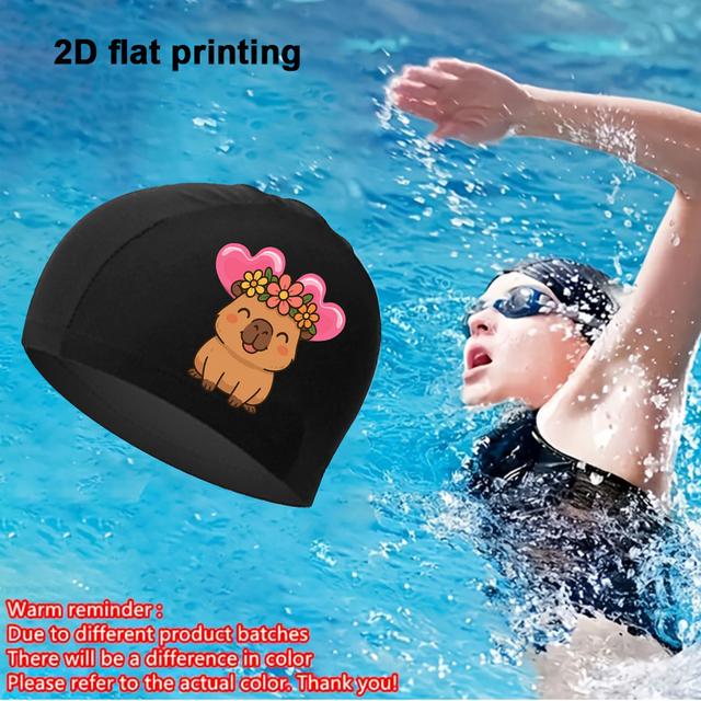 TEMU 1pc Swim Cap, Cute Capybara With Flower Crown And , Comfortable Bathing Hat For Swimming Pool, Beach, Water Sports, Holiday Leisure, Reusable Head Cover, Cartoon Print Gift