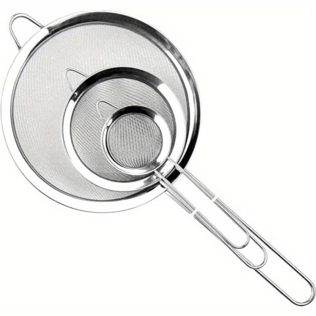 TEMU Stainless Steel Kitchen Strainer With Handle - 3pcs Set Suitable For Baking Mixes, Eggs, Tea, Coffee, And Flour