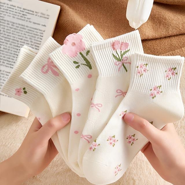TEMU 5 Pairs 's Floral & Print Ankle Socks | White & Pink Ribbed Elastic Cuff, Breathable, Spring Summer Casual, Machine Washable, Comfortable Footwear, Feminine Design