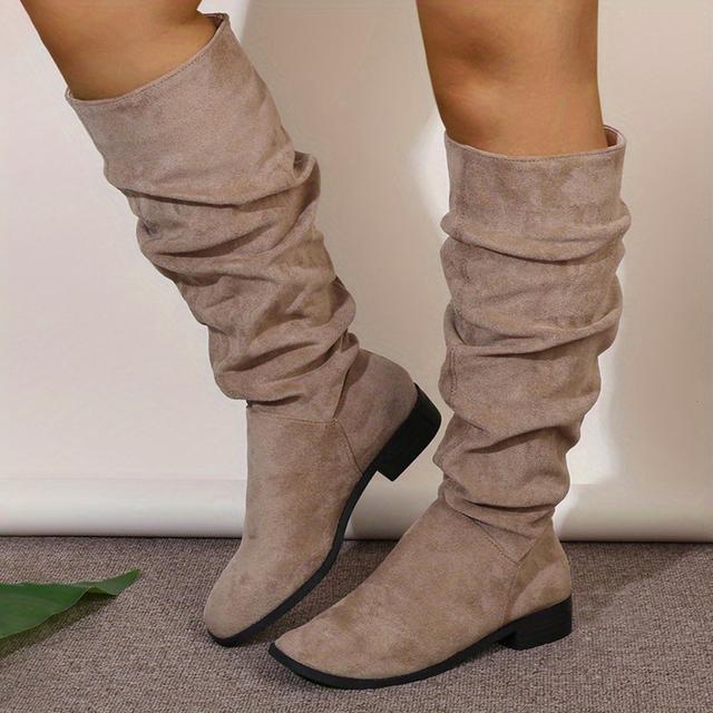 TEMU Kvinnenes Slip-On Chunky Mid-Heel Knehøye Støvler - Stretchy Overdel, Rund Tå & Gummisåle, Allsidige Ankelstøvler fra Casual til Formell for Høst og Vinter